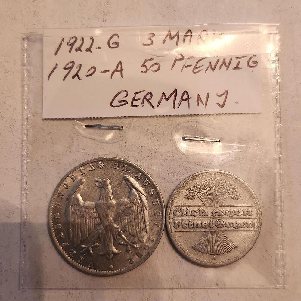 LOT OF TWO.
- 1922 German 3 Mark (Mint Mark:...